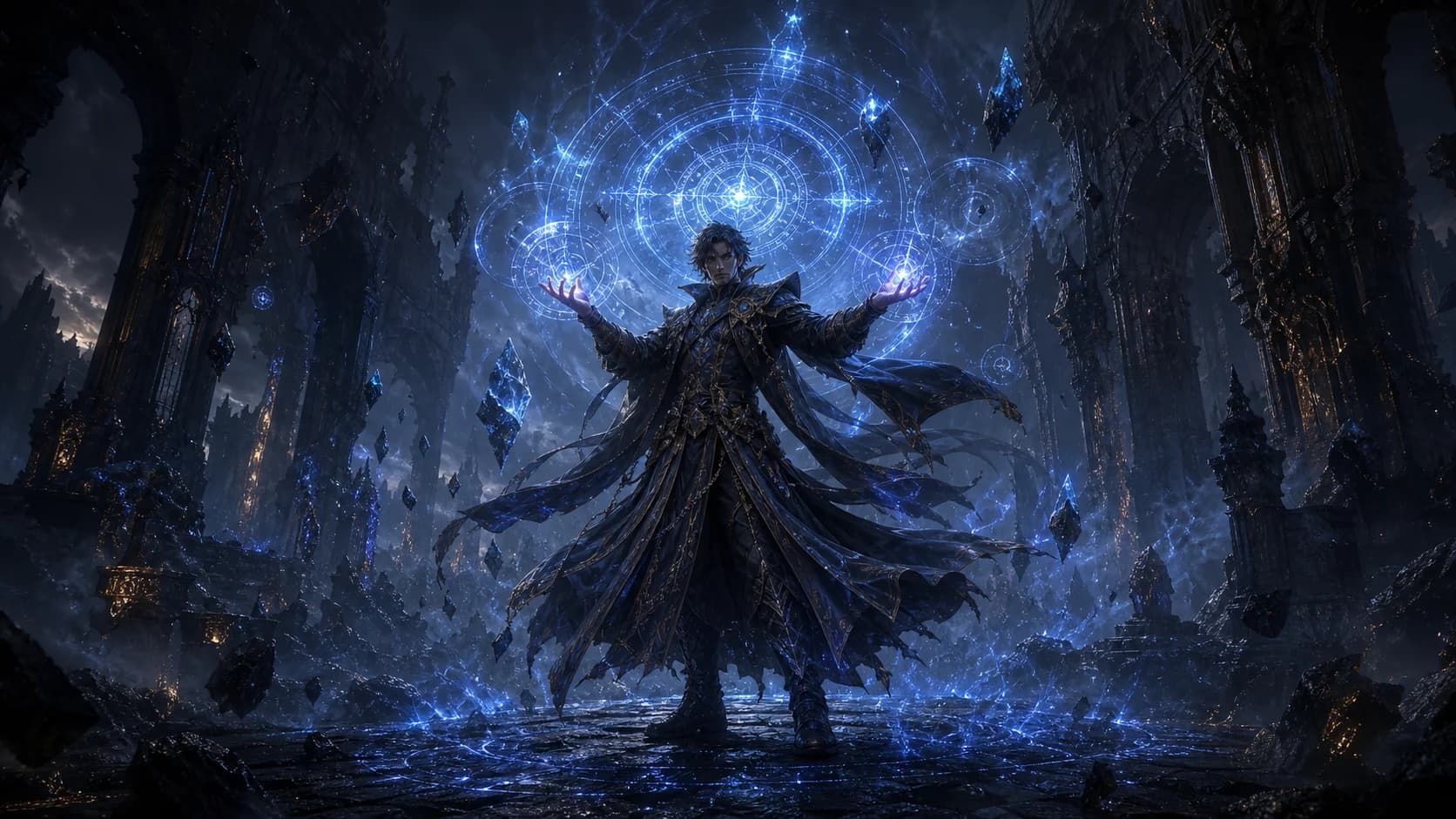 Witch caster surrounded by blue magic in a dark fantasy scene
