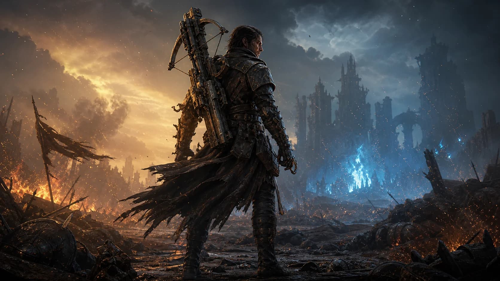 Mercenary with a crossbow in a dark battlefield scene