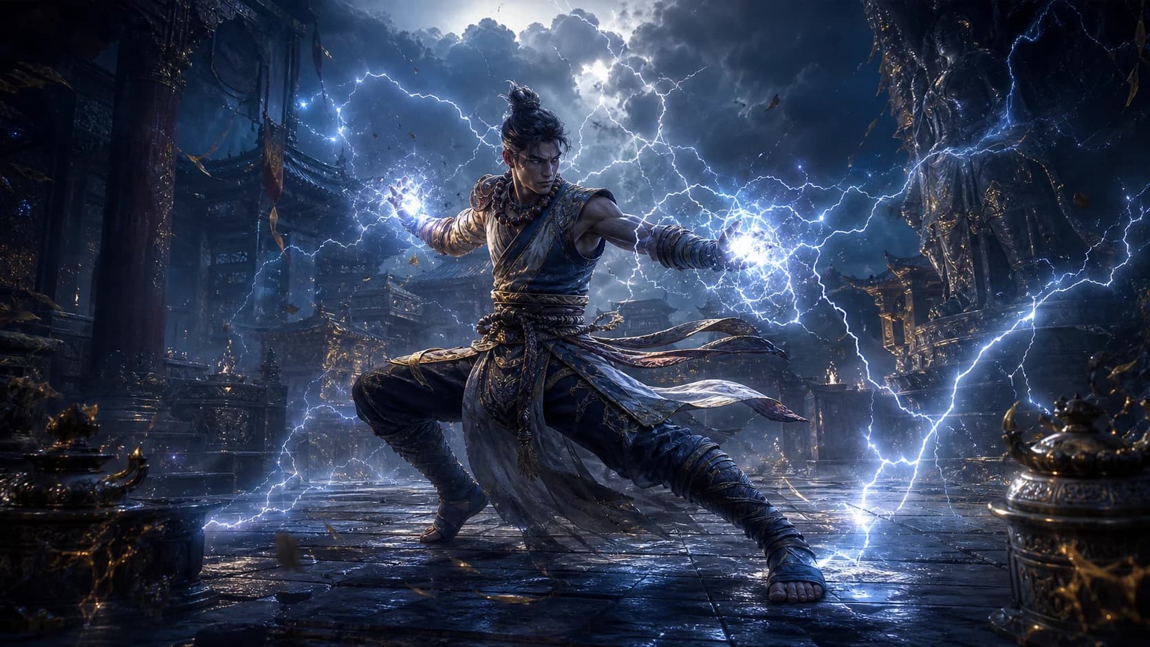 Monk releasing lightning power in a dark fantasy battle scene