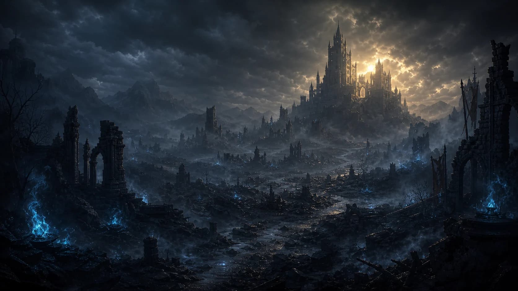 Ancient ruined landscape with mist and blue fire